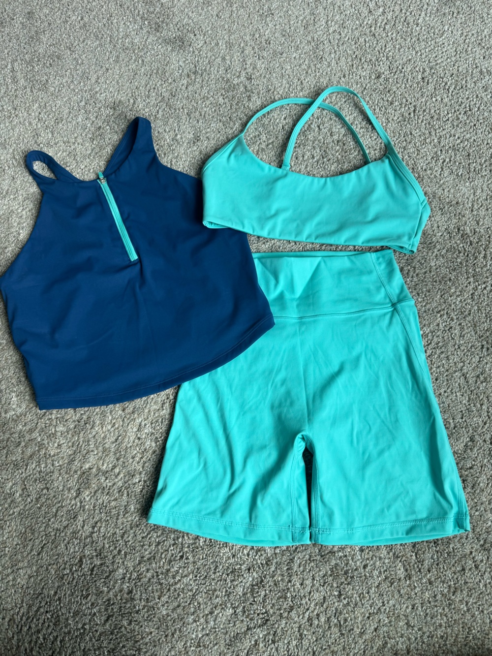 Bright Aqua Teal & Navy Blue Activewear Bundle: Top, Bra + Bike Shorts, S + M